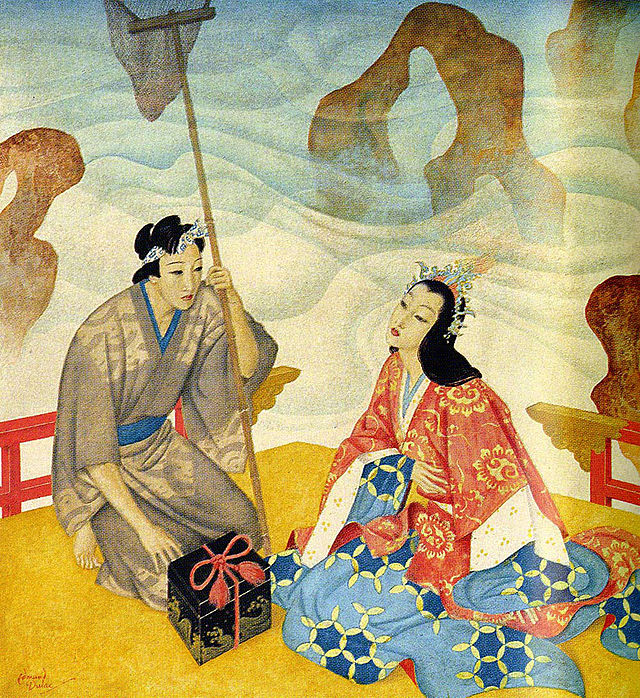 The beautiful goddess Otohime presents Urashima Tarō with a mysterious box that he is never to open. Illustration by Edmund Dulac (1916).